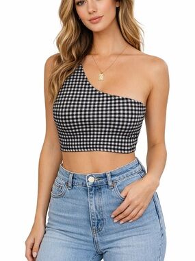Missguided Gingham One Shoulder Crop Top Y2K Picnic Cottagecore Stretch Bralette